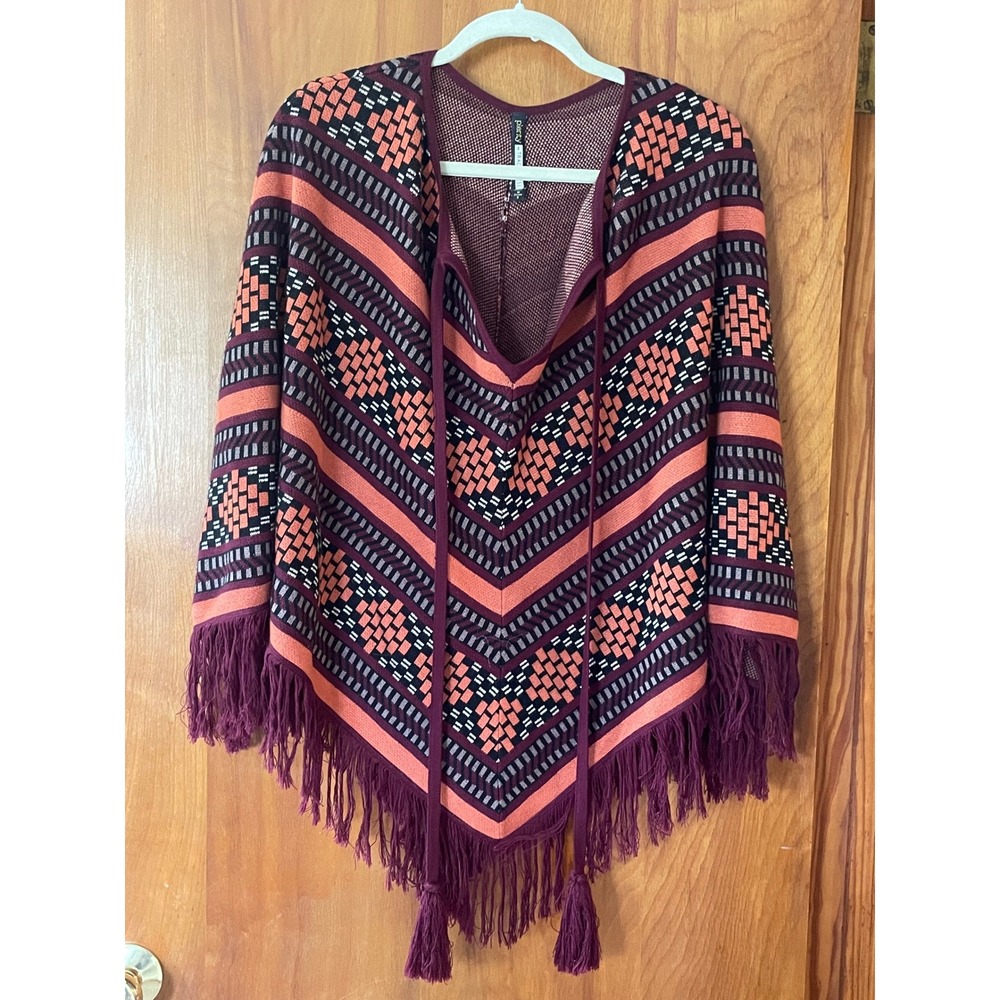Tracy Reese Orange & Plum Geometric Chevron Knit Fringe Poncho Cape S Cabin Core